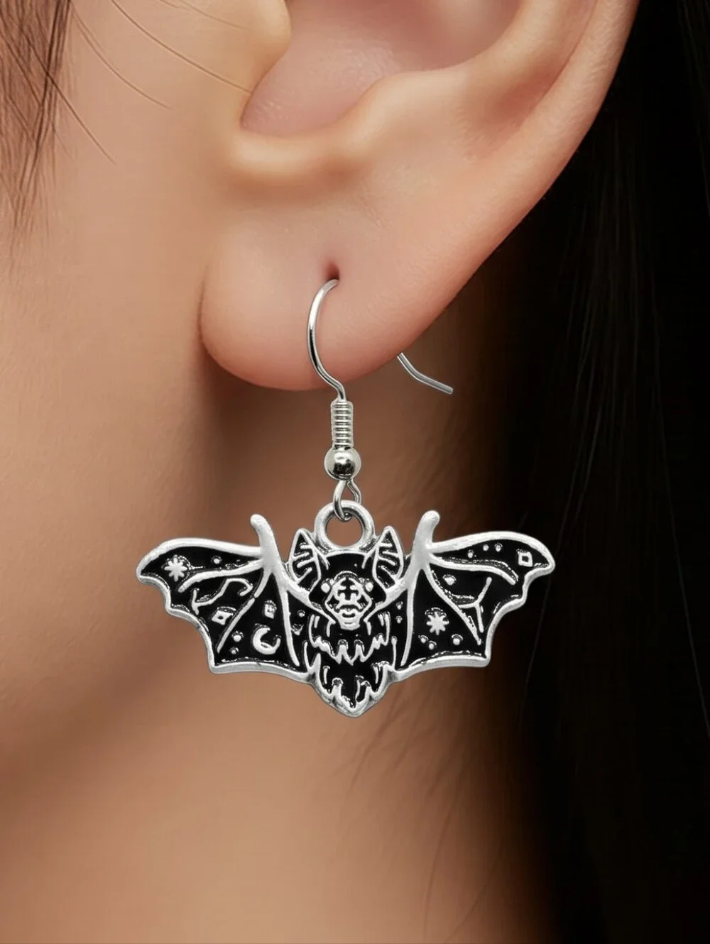Gothic Bat Dangle Earrings Silver Pierced Ear Jewelry Zodiac Vampire Halloween